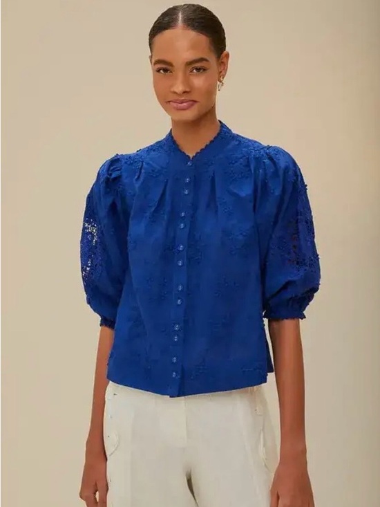 FARM Rio Tops - FARM Rio Cobalt Blue Puff-Sleeve Button Front Blouse